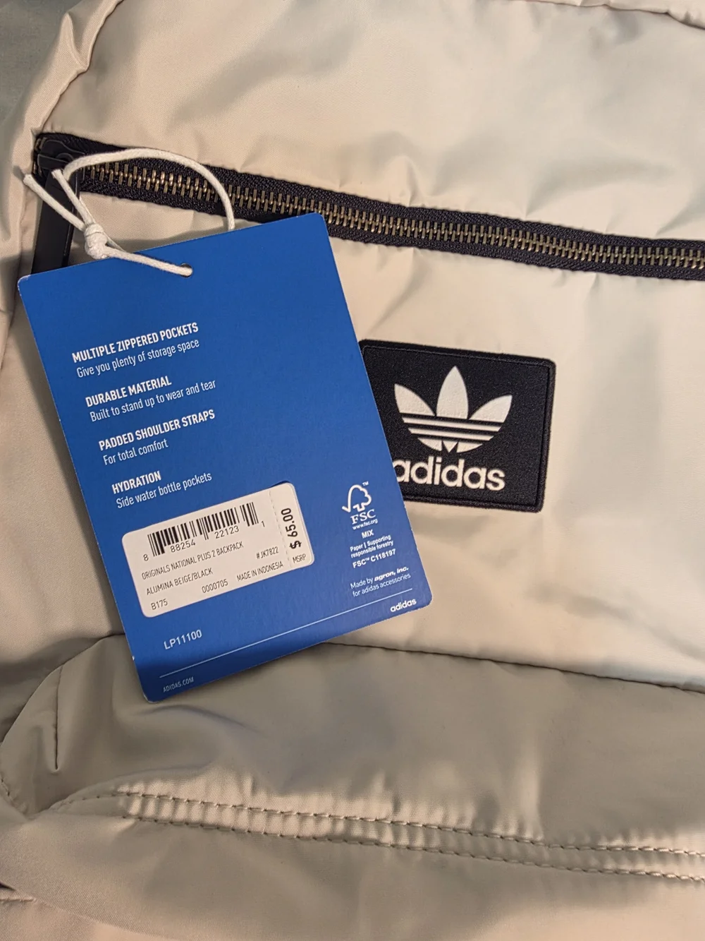 ​New With Tags Adidas Originals National Plus Backpack - Alumina Beige / Black